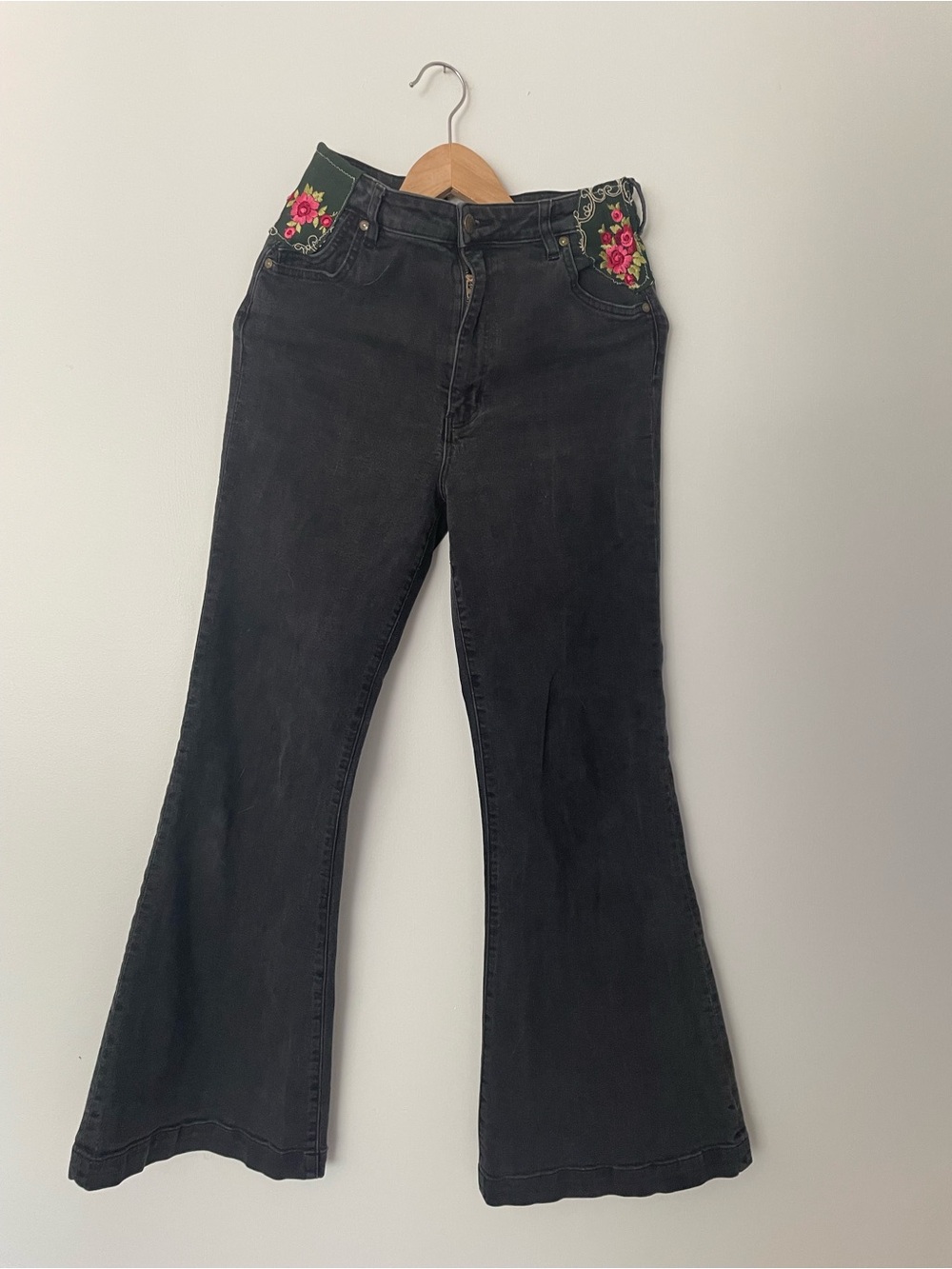Rolla's Black Flared Jeans with Floral Waist Embroidery